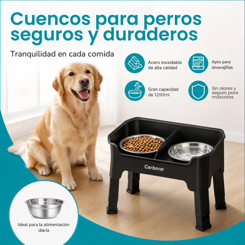 Comedero Elevado para Perros Ajustable con 2 Tazones de Acero Inoxidable Antideslizante  Antiderrames. Bowl para Mascotas con 4 Niveles de Altura. Color Negro (44X26.5X14.5cm)