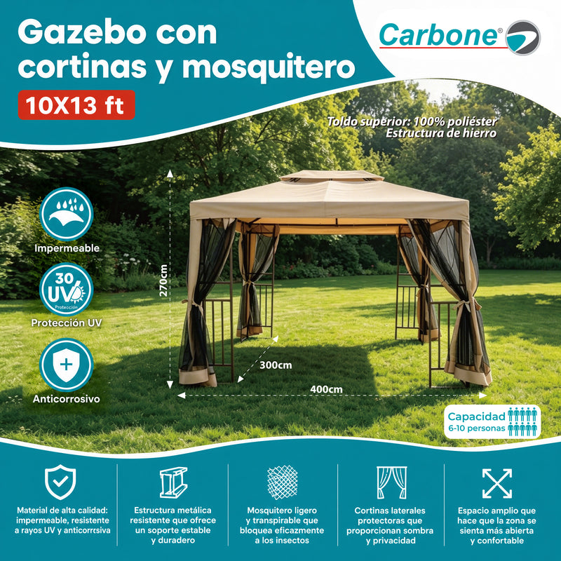 Tolda Gazebo de Jardín 3x4m con Mosquiteros y Cortinas. Pérgola Impermeable de Estructura de Acero, Resistente a UV y Óxido. Color Beige