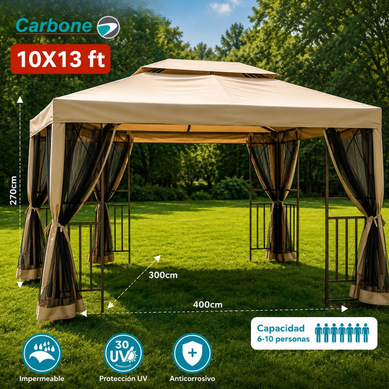 Tolda Gazebo de Jardín 3x4m con Mosquiteros y Cortinas. Pérgola Impermeable de Estructura de Acero, Resistente a UV y Óxido. Color Beige