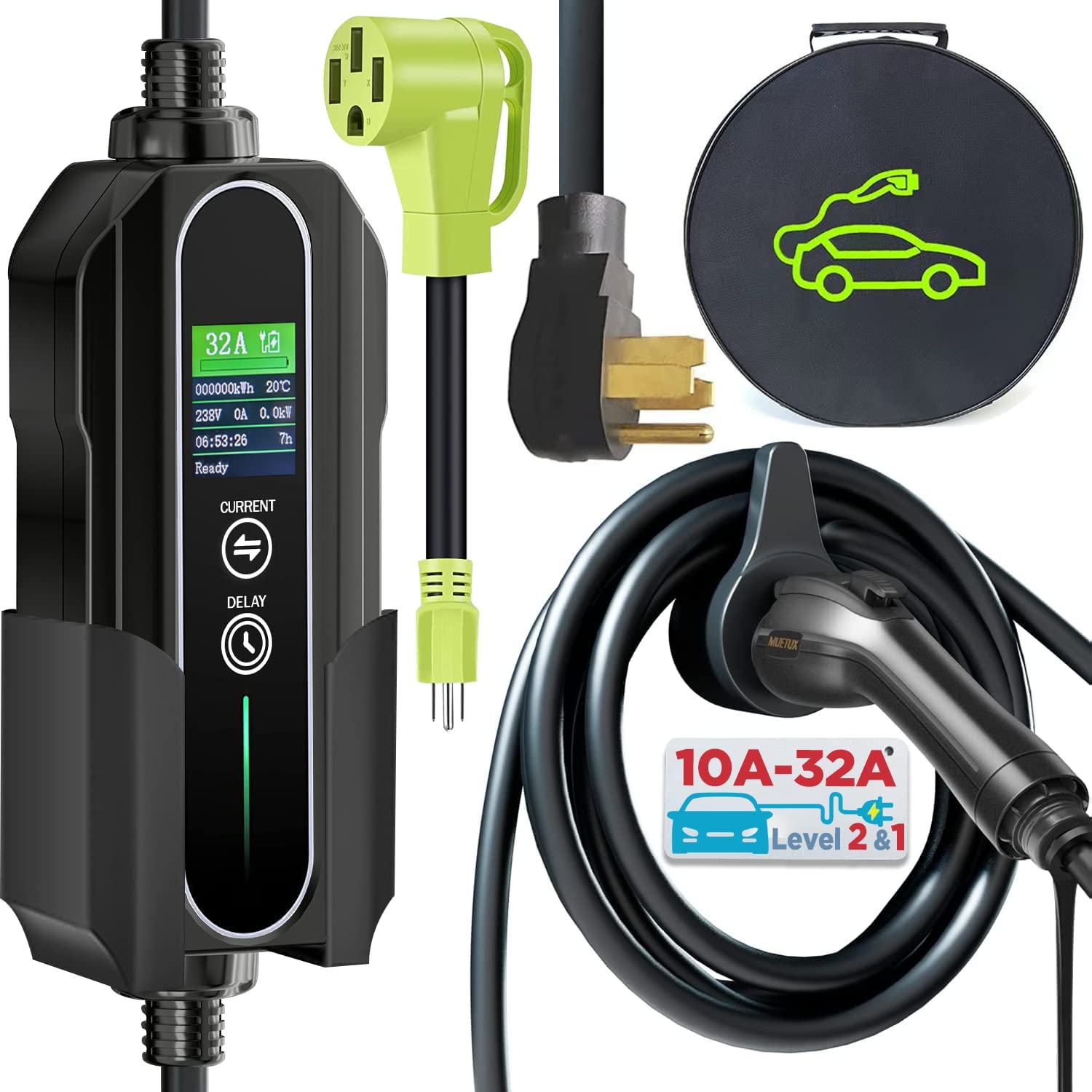 Cargador carros electricos EV nivel 2 y 1, 10-32 amp, 110V-240V, de 25 pies (tipo 1- J1772)