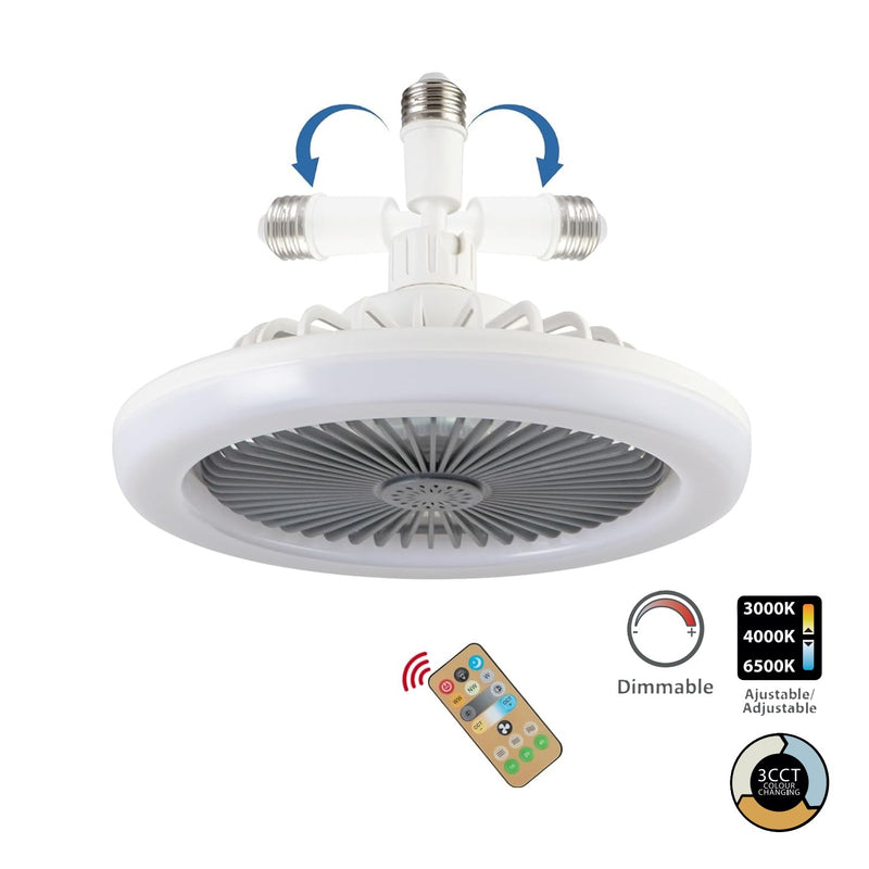 Abanico de techo ventilador LED base E27 30W, color blanco, CCT. 260x120mm diseño funcional y versátil.