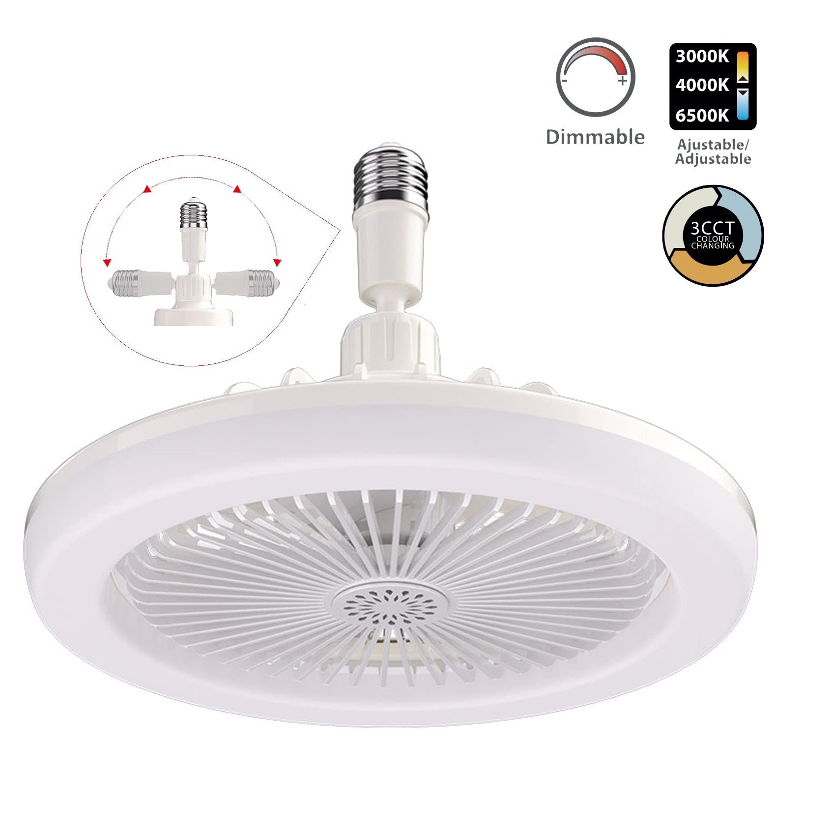 Abanico de techo ventilador LED base E27 30W, color blanco, CCT. 260x120mm diseño funcional y versátil.