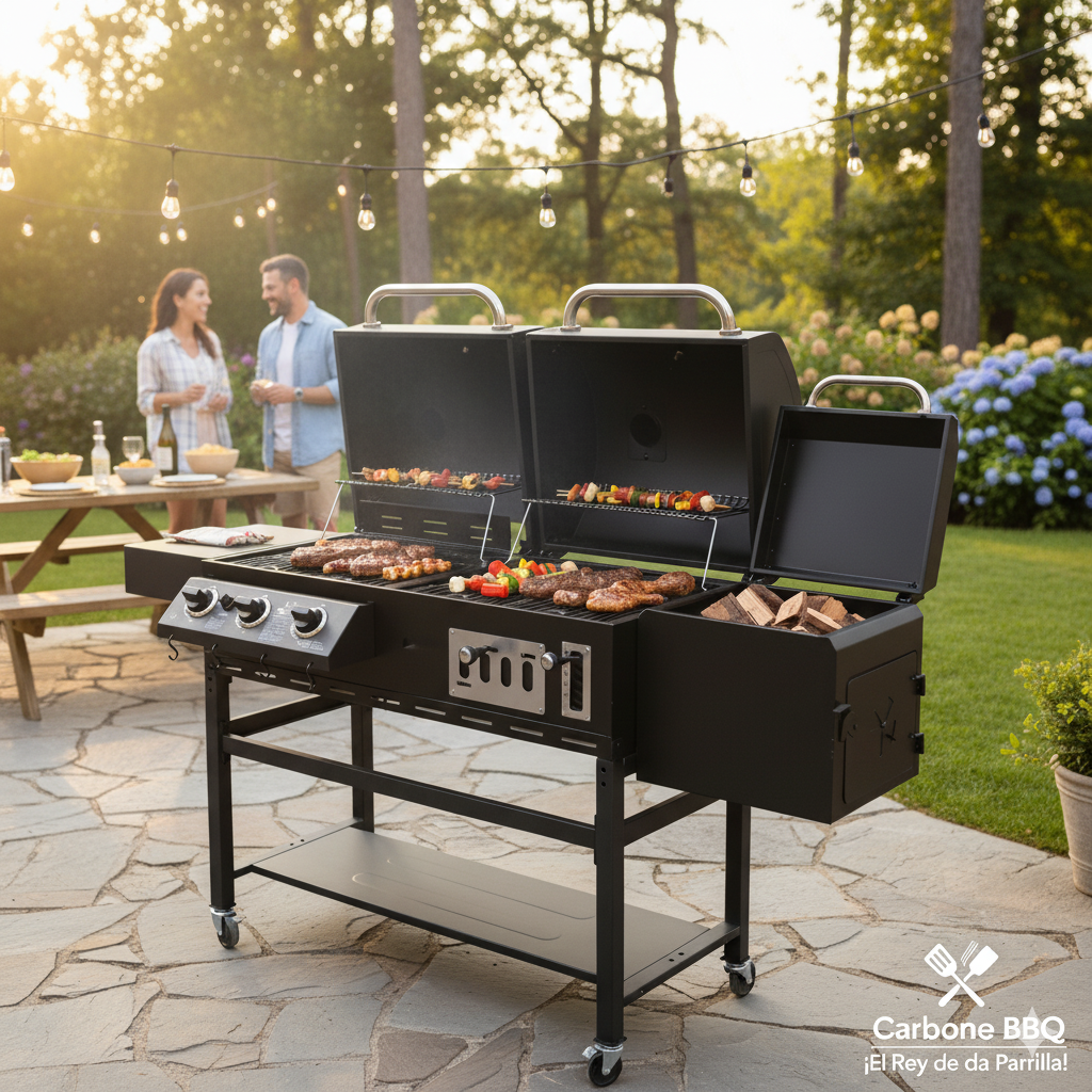 Parrilla híbrida de combustible dual gas y carbón 195 cm hierro con tapa, estante y caja de ahumado. Asador de Gas y Carbón Barbacoa asador