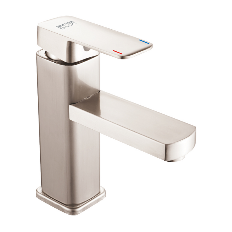 Grifo de Lavamanos satinado con Mezclador Monomando. Pluma Llave de Baño en Acero Inoxidable.