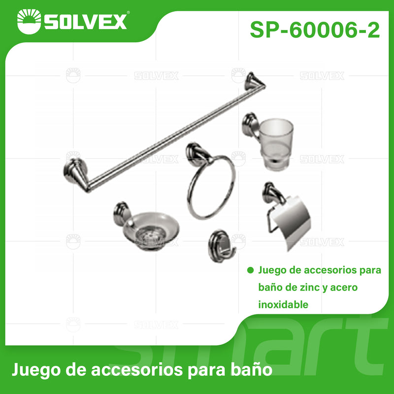 Accesorios para Baño. Set de 6 Piezas. Acero Inoxidable y Zinc con Acabado satinado cepillado.
