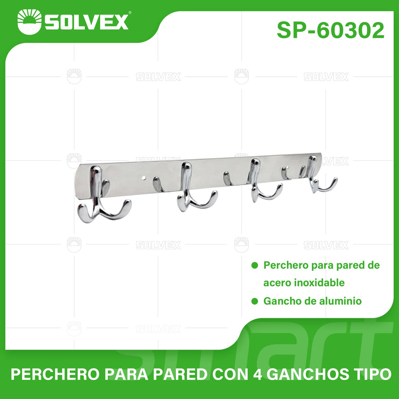 Perchero de Pared con 4 Ganchos. Acero Inoxidable y Aluminio con Acabado Cromado. Ideal para toallas o ropa.