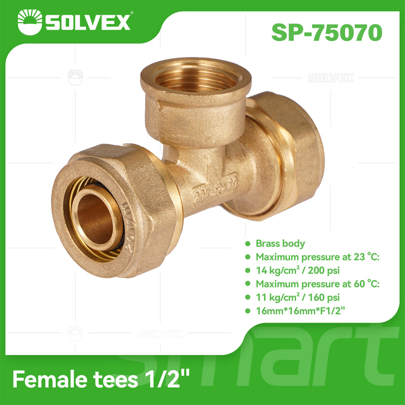 Tee De Compresión Hembra 1/2" (16 mm x 16 mm x H1/2") En Latón. Conector De 3 Vías Para Agua Y Gas.