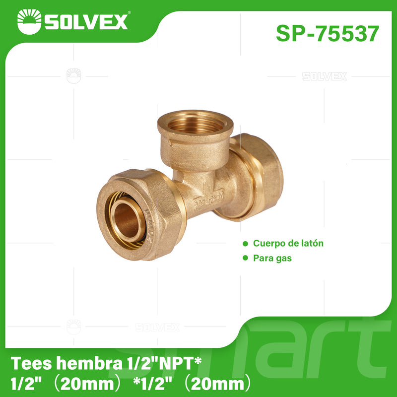 Tee De Compresión Hembra 1/2" NPT x 1/2" (20 mm) En Latón. Conector En T Para Agua y Gas.