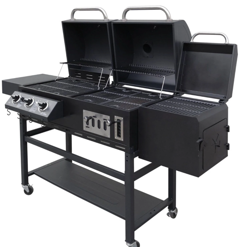 Parrilla híbrida de combustible dual gas y carbón 195 cm hierro con tapa, estante y caja de ahumado. Asador de Gas y Carbón Barbacoa asador