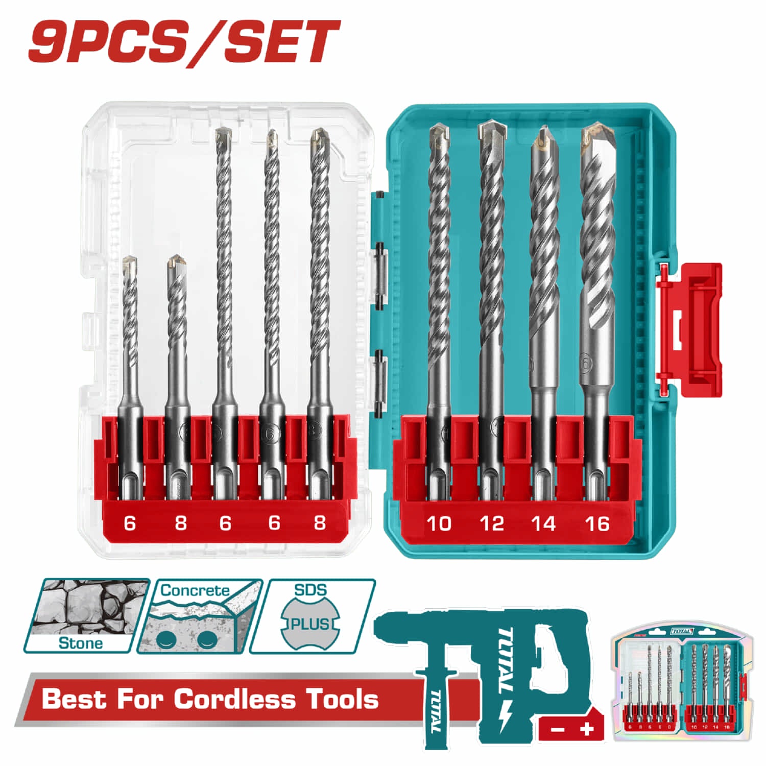 Brocas para rotomartillo taladro SDS Plus de 9 piezas. Se vende en Juego.