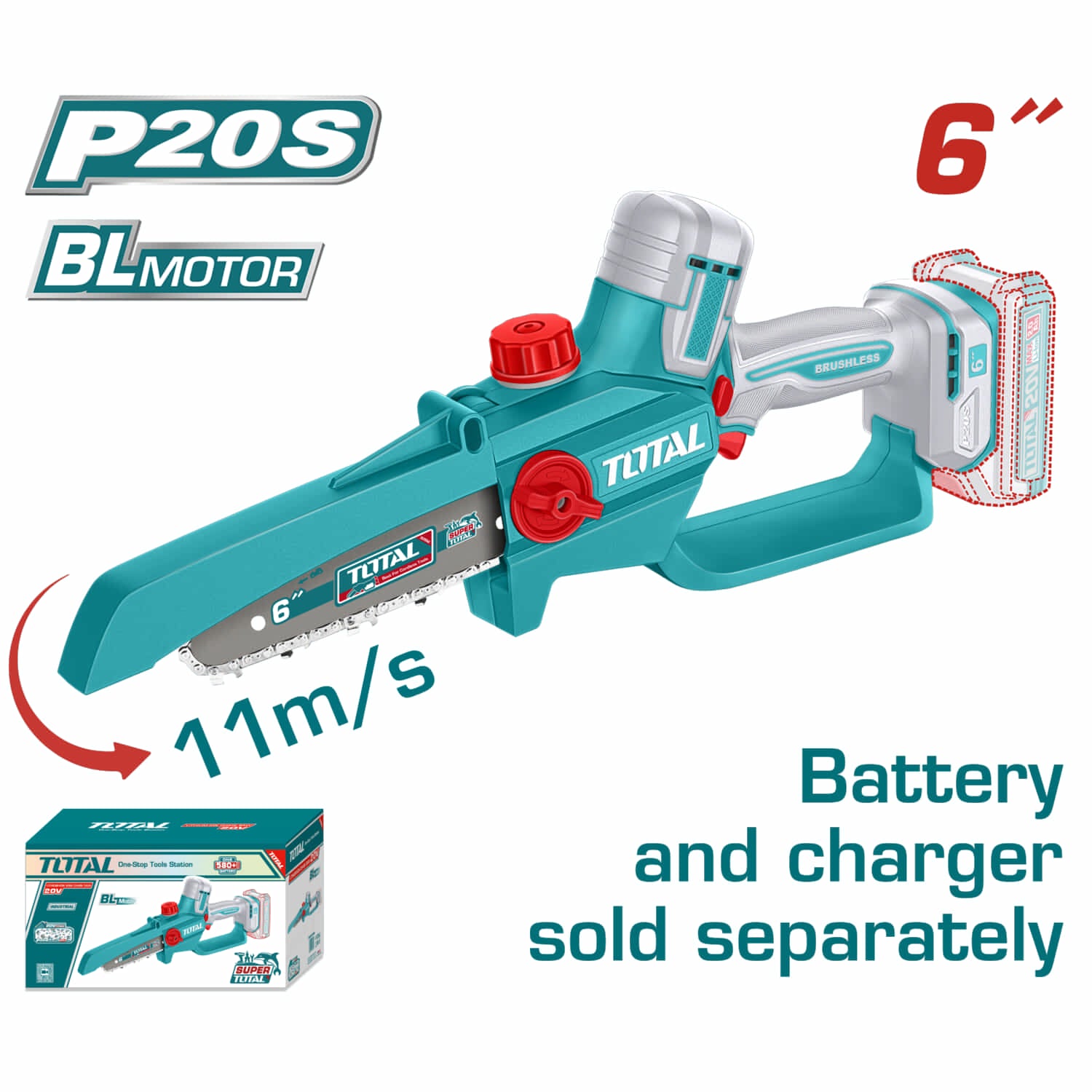 Sierra Podadora Inalámbrica 20V. Long.6" (15cm). Batería y cargador se venden por separado.