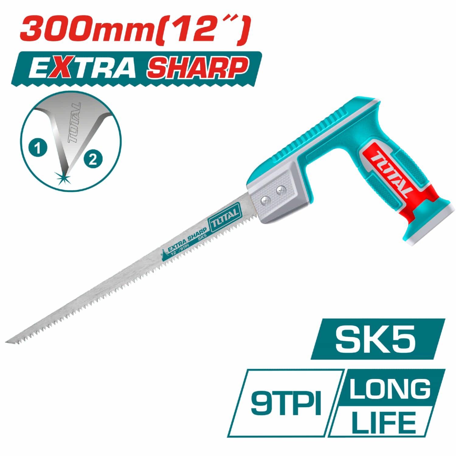 Sierra de Compas de 12" SK5 9TPI, dientes afilados en 2 bordes. Corte rápido.