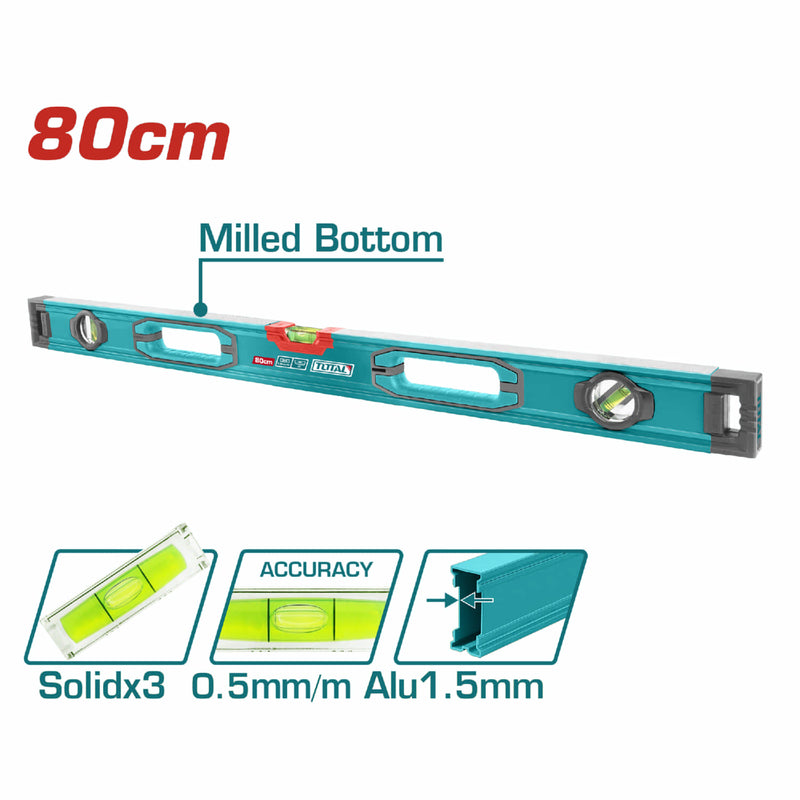 Nivel de Burbuja en forma de V para Objetos Cilindricos 80 cm. Espesor del Aluminio 1.5 mm.