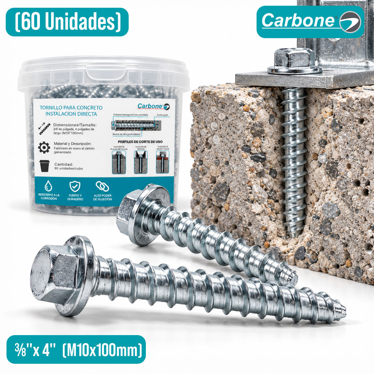 Tornillo Para Concreto De Instalación Directa ⅜"x 4" (60 Unds) Anclaje Para Hormigón Cabeza Hexagonal (M10x100mm)