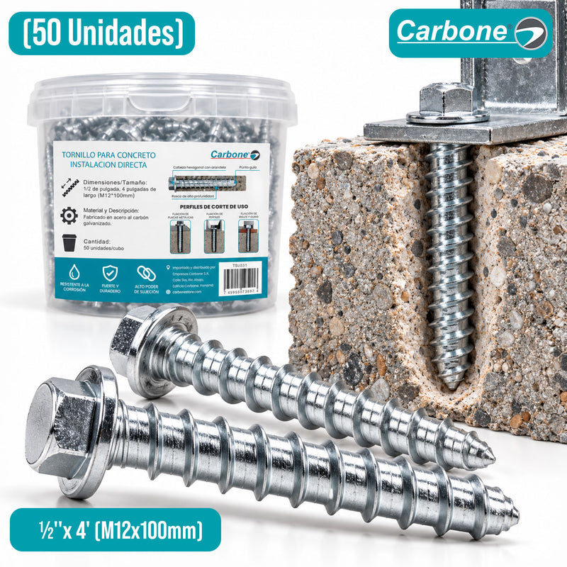 Tornillo Para Concreto De Instalación Directa ½"x 4" (50 Unds) Anclaje Para Hormigón Cabeza Hexagonal (M12x100mm)