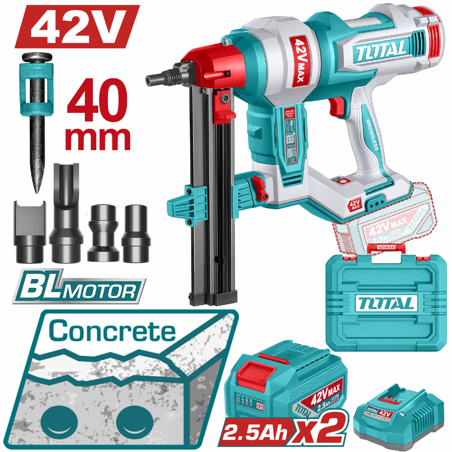 Clavadora de Concreto Inalámbrica 42V Motor sin escobillas Clavos 19 - 40 mm Incluye accesorios, batería y cargador.