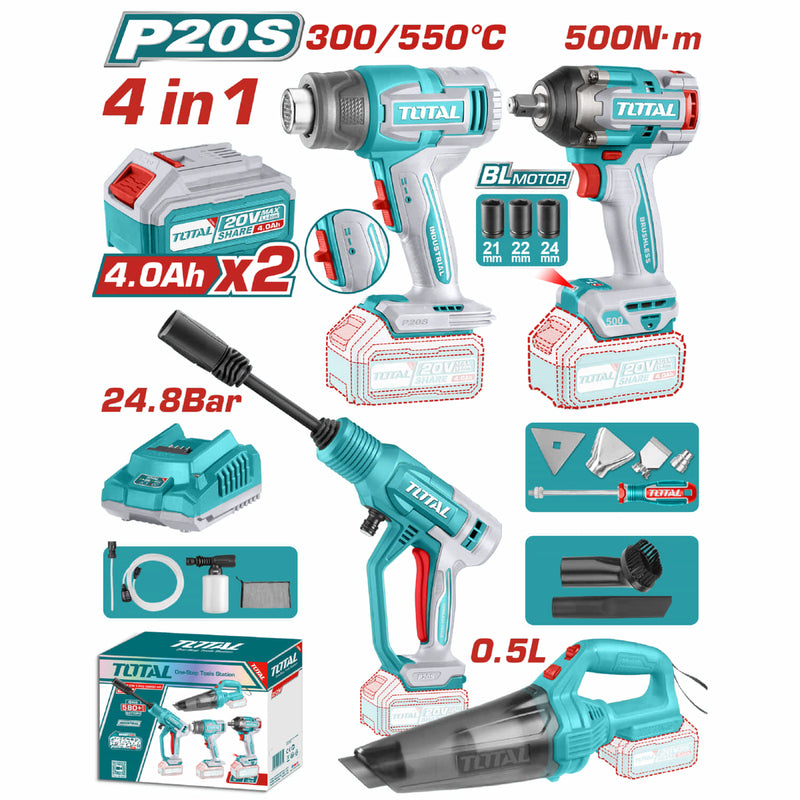 Super Combo Total 20V  Pistola de Calor 30-550 °C  Aspiradora 0.5 L   >=9 kPa  Hidrolavadora 24.8 Bar  Llave de Impacto 1/2" 500Nm  Inalámbricas Poderosas y  Potentes  COMBOS POCAS UNIDADES