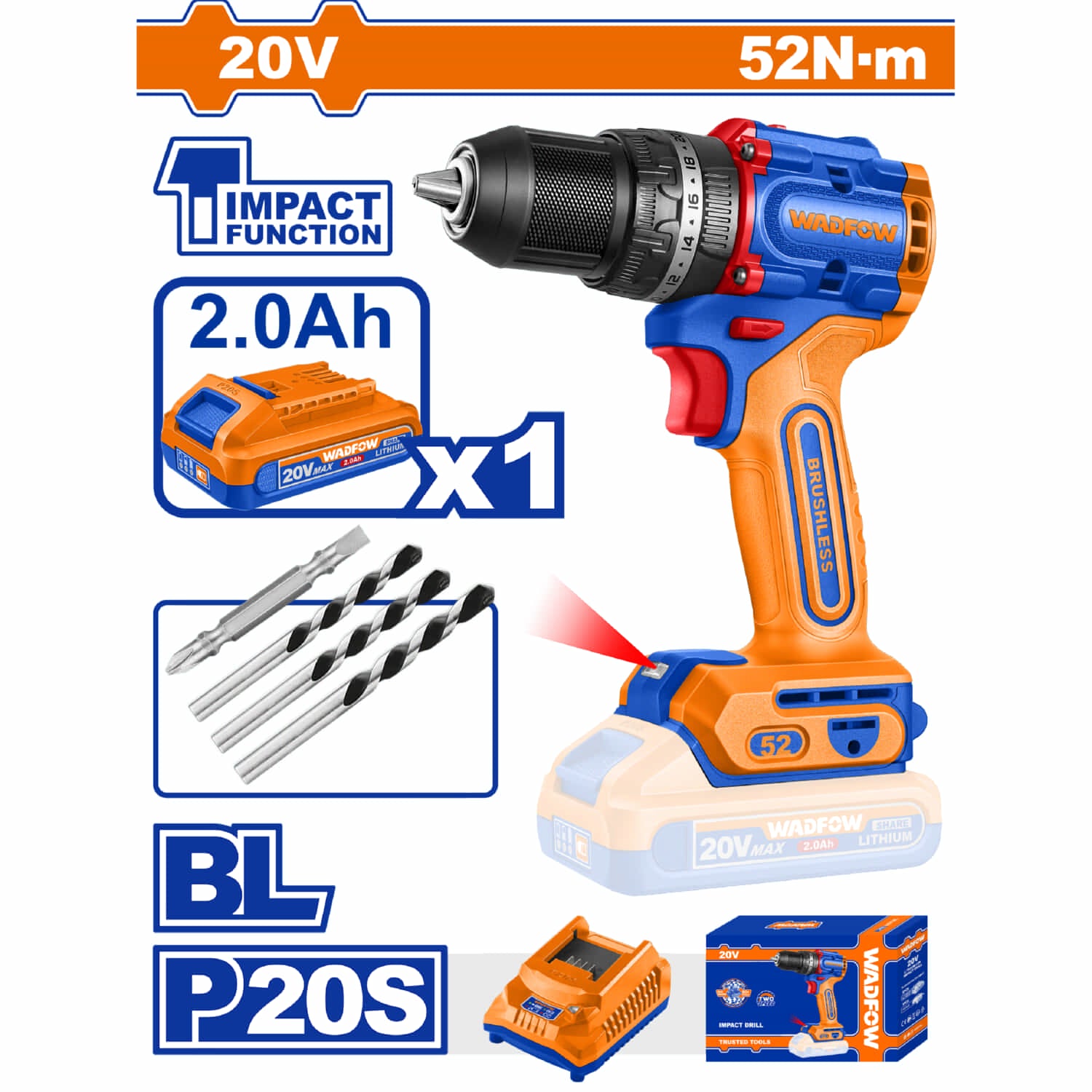 Taladro drill Inalámbrico Función Impacto 52 NM 20V. 1/2″ 0–500 / 0–2000 rpm Con batería, cargador y accesorios