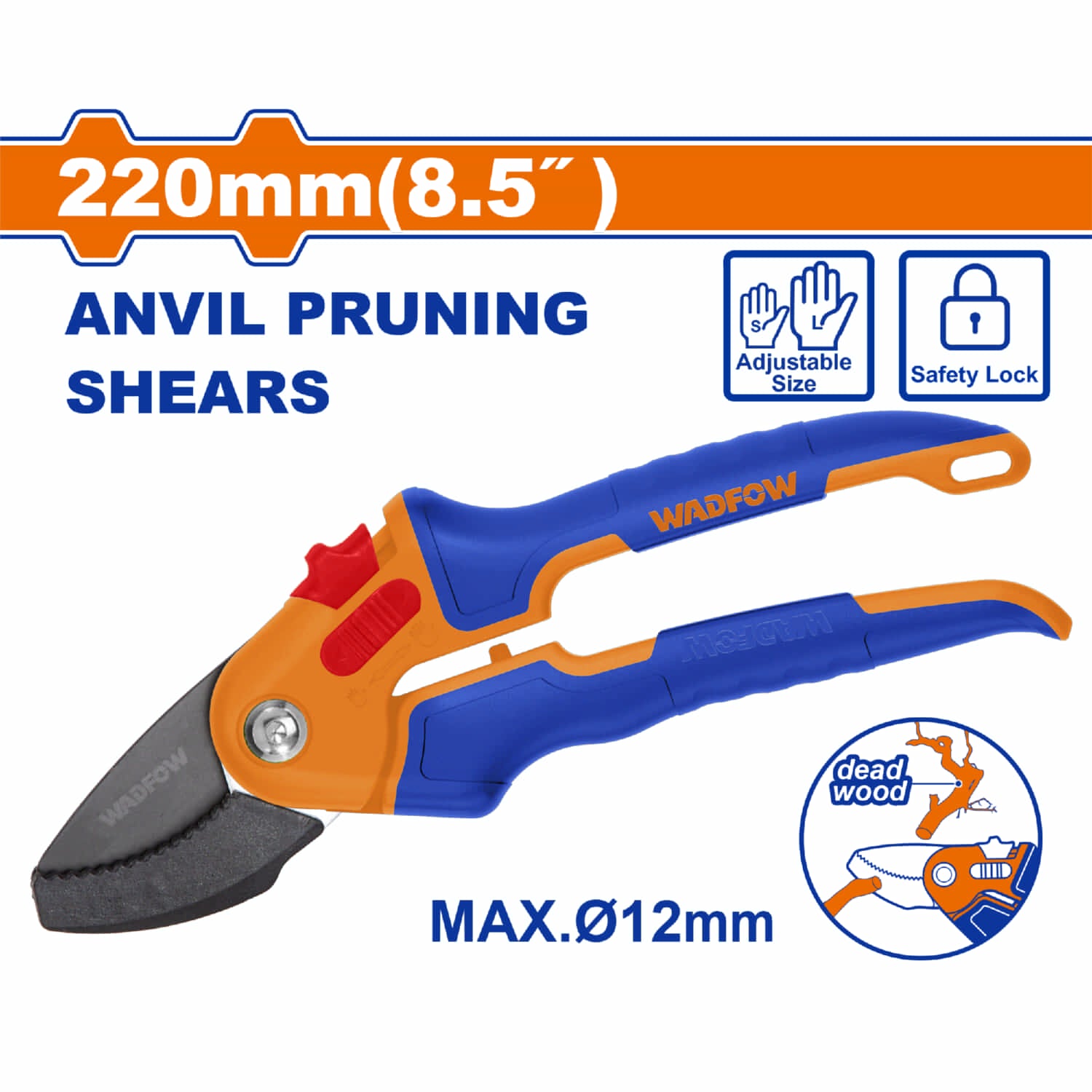 Tijera para podar tipo Yunque 8" Acero al Carbono Mango Ergonómico para Manos Grandes y Pequeñas. Ideal para Poda de Ramas y Madera Dura. Podadora de ramas.