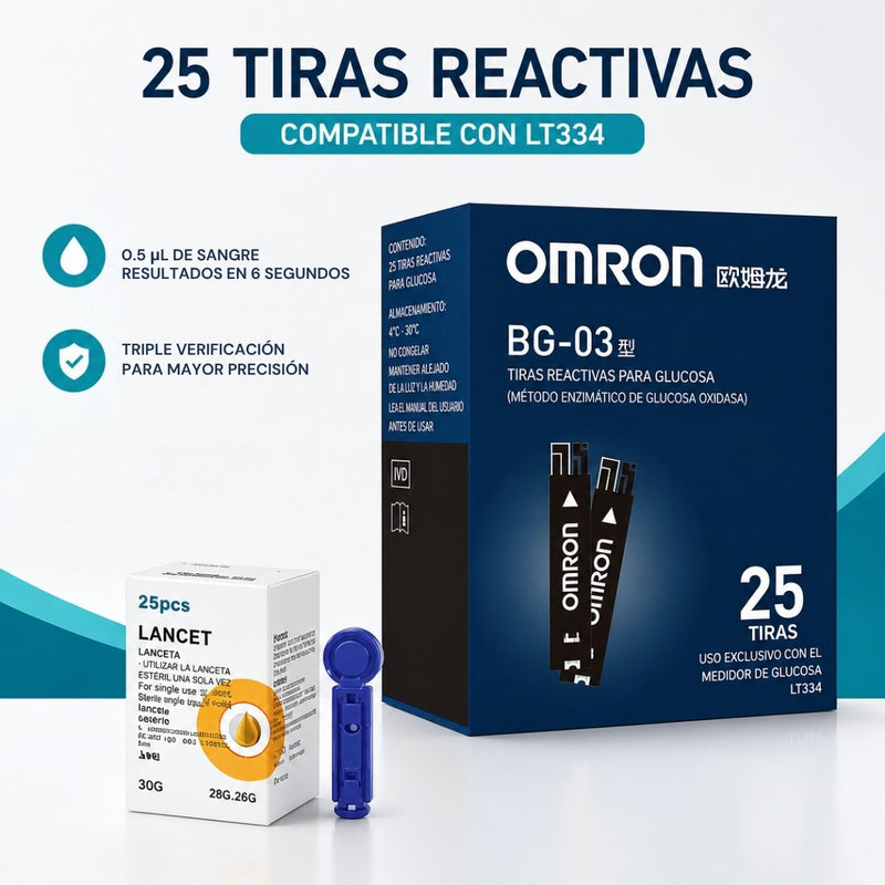 Tiras Reactivas para Medición de Glucosa Caja de 25 Unidades, Lectura Rápida en 6 Segundos. Incluye 25 Lancetas. Compatible con LT334