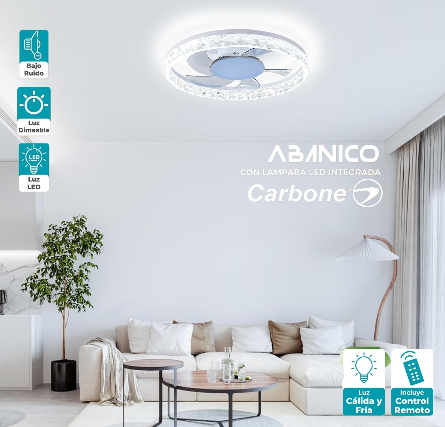 Lampara LED decorativa Abanico de aspas retraibles invisibles diseño diamante cristal dimeable 3000-6500K 20" (50cm) 70w