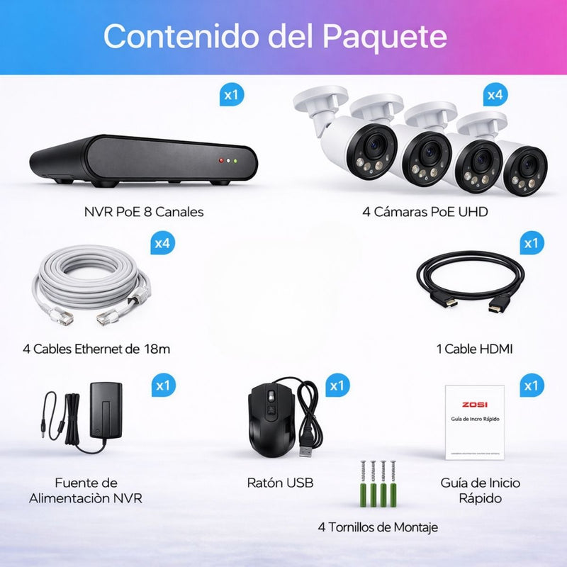 Cámaras de Videovigilancia IP  PoE 4MP con NVR 8 Canales(Set de 4). Sistema de Seguridad con Detección Humana y Vehículos, Visión Nocturna IR 20m. IP66（La cámara IP es de 4 megapíxeles y el NVR admite