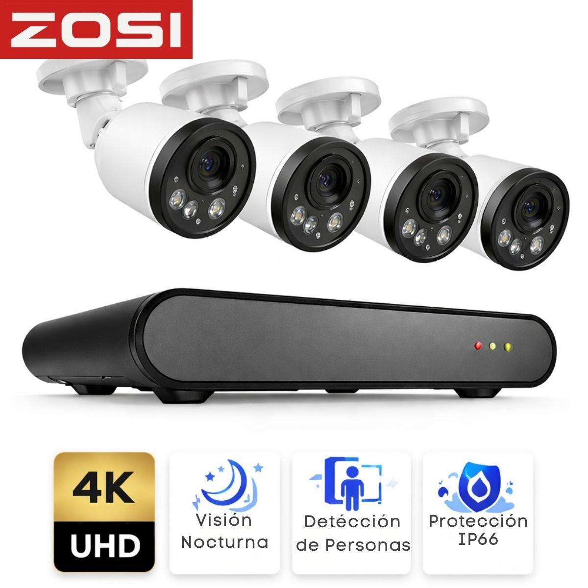 Cámaras de Videovigilancia IP  PoE 4MP con NVR 8 Canales(Set de 4). Sistema de Seguridad con Detección Humana y Vehículos, Visión Nocturna IR 20m. IP66（La cámara IP es de 4 megapíxeles y el NVR admite