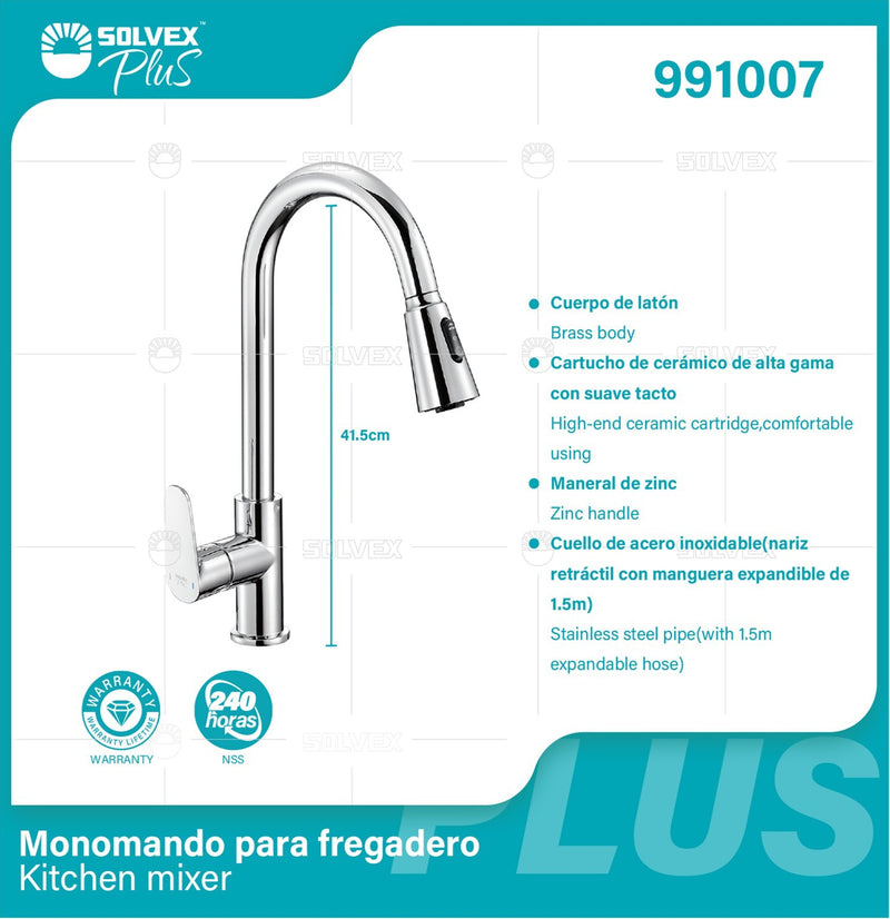 Grifo De fregador Cromado con manguera extensible. Pluma Llave Para Fregador De Cocina con 3 tipos de chorro. Cuello cisne. Garantía de por vida.