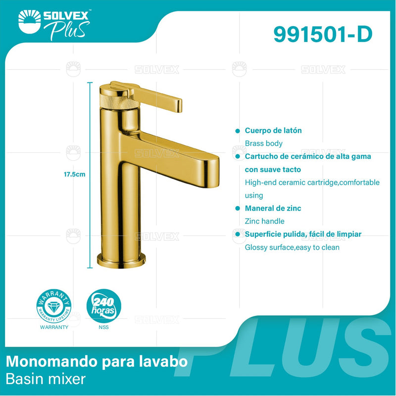 Llave De Lavamanos Individual. Color dorado. Grifo Para lavabo. Pluma Agua Fría Y Caliente. Altura De 17.5Cm. Garantía de por vida.
