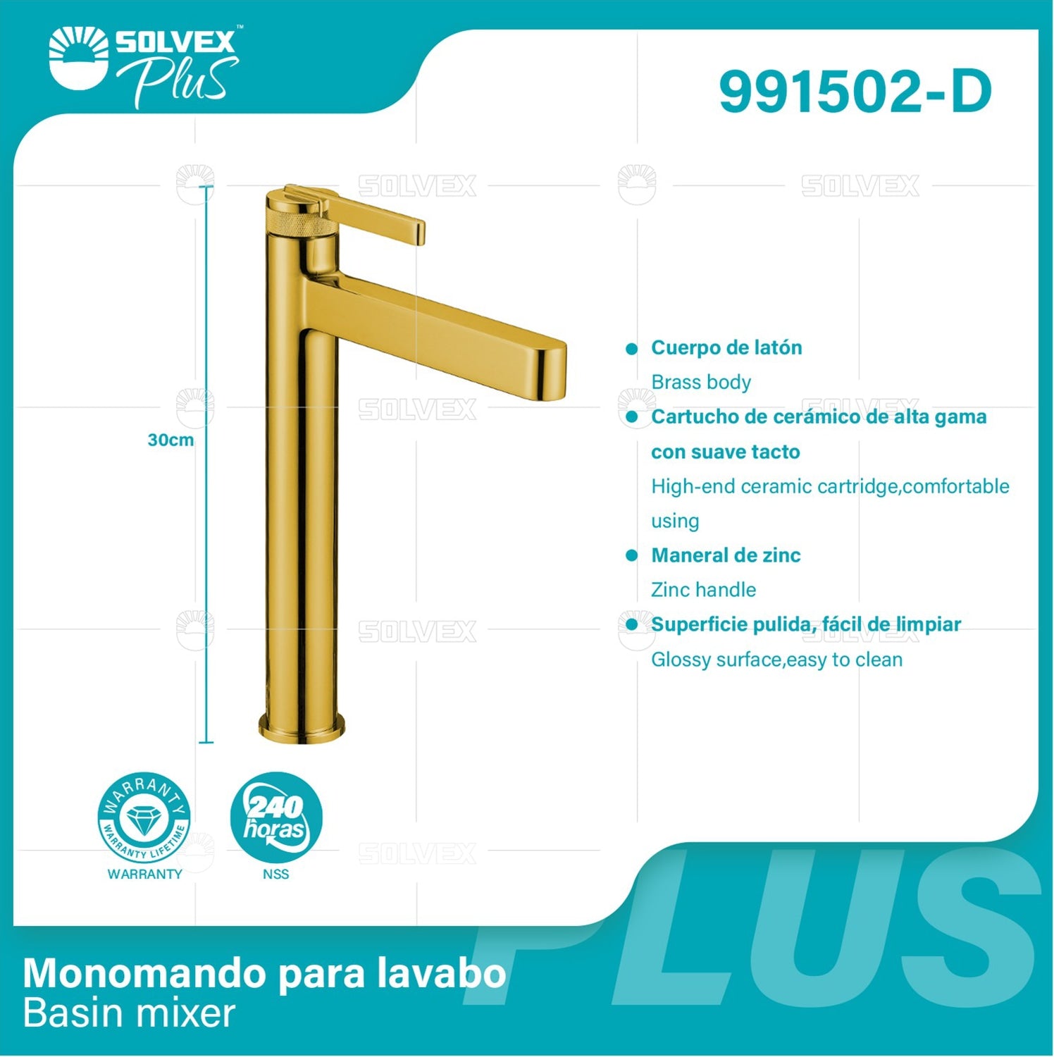 Llave De Lavamanos Individual. Color dorado. Grifo Para Lavamanos. Pluma Agua Fría Y Caliente. Altura De 30Cm. Garantía de por vida.