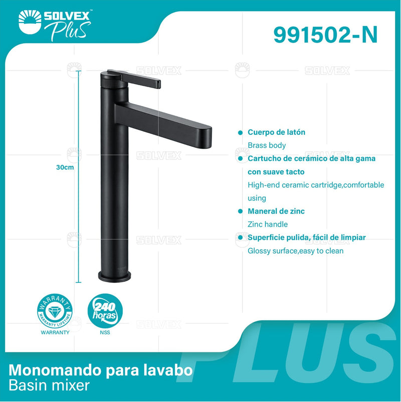Llave De Lavamanos Individual. Color negro. Grifo Para Lavamanos. Pluma Agua Fría Y Caliente. Altura De 30Cm. Garantía de por vida.
