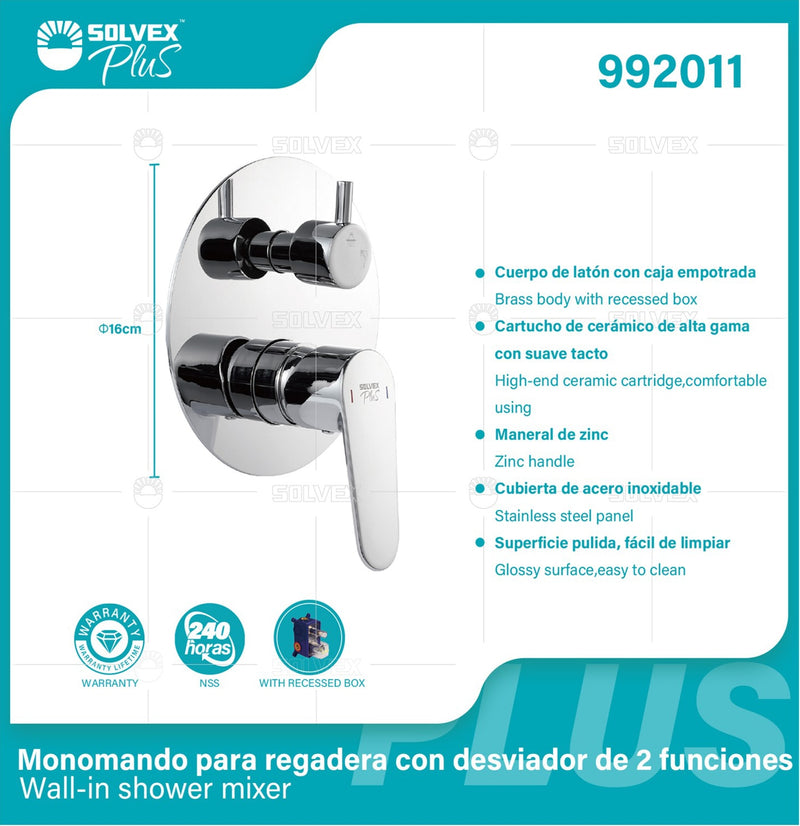 Llave De Palanca Maneral Para Ducha Con Desviador De 2 Funciones. Mezcladora Monomando para Empotrar En Regadera. Color Cromado. Garantía de por vida.