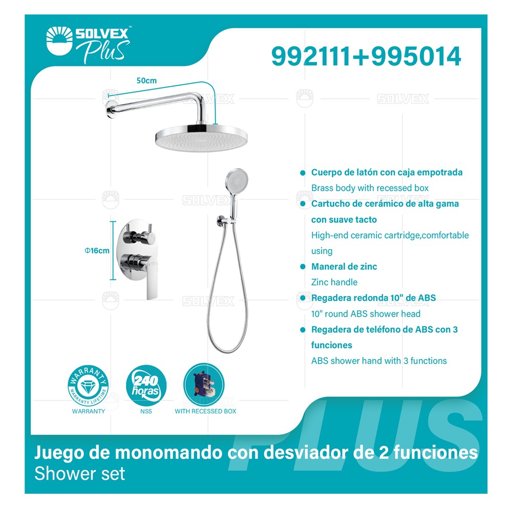 Ducha Para Empotrar. Juego De Mezcladora Monomando Con Regadera Redonda De 10”. Brazo A Pared De 50 cm. Garantía De Por Vida.