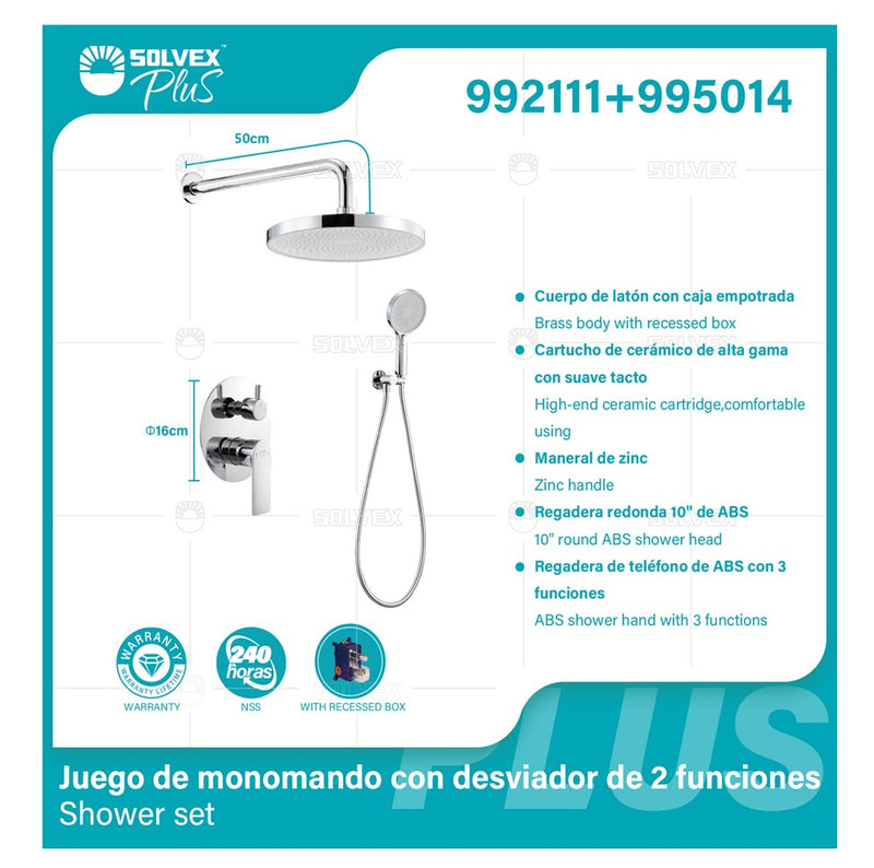 Ducha Para Empotrar. Juego De Mezcladora Monomando Con Regadera Redonda De 10”. Brazo A Pared De 50 cm. Garantía De Por Vida.