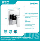 Llave De Palanca Maneral Para Ducha Cuadrada. Mezcladora Monomando para Empotrar En Regadera. Color Cromado. Garantía de por vida.