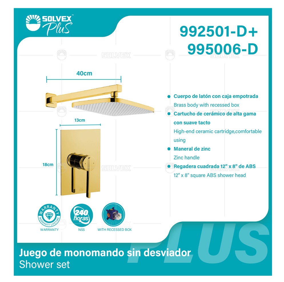 Ducha Empotrada Tipo Lluvia Cuadrada 12”x8”. Color Negro. Regadera de ABS. Brazo de Acero Inoxidable. Garantía de por vida.