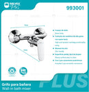 Grifo Para Baño o Bañera De Pared. Mezcladora  Monomando Con Maneral De Zinc Y Conectores. Llave pluma Cromada. Garantía De Por Vida.