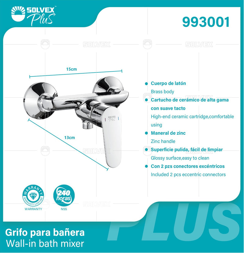 Grifo Para Baño o Bañera De Pared. Mezcladora  Monomando Con Maneral De Zinc Y Conectores. Llave pluma Cromada. Garantía De Por Vida.