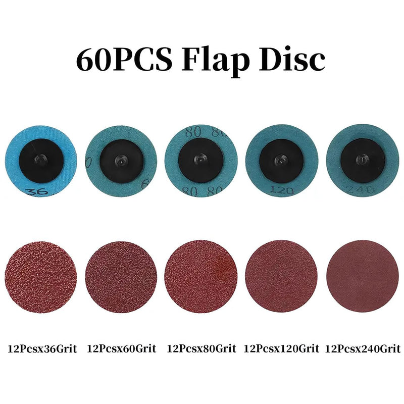 Discos Abrasivos 2” con Mandril 1/4” (Set de 60 piezas). Lijas de Grano 36 a 240 para Taladro. Discos Flap.