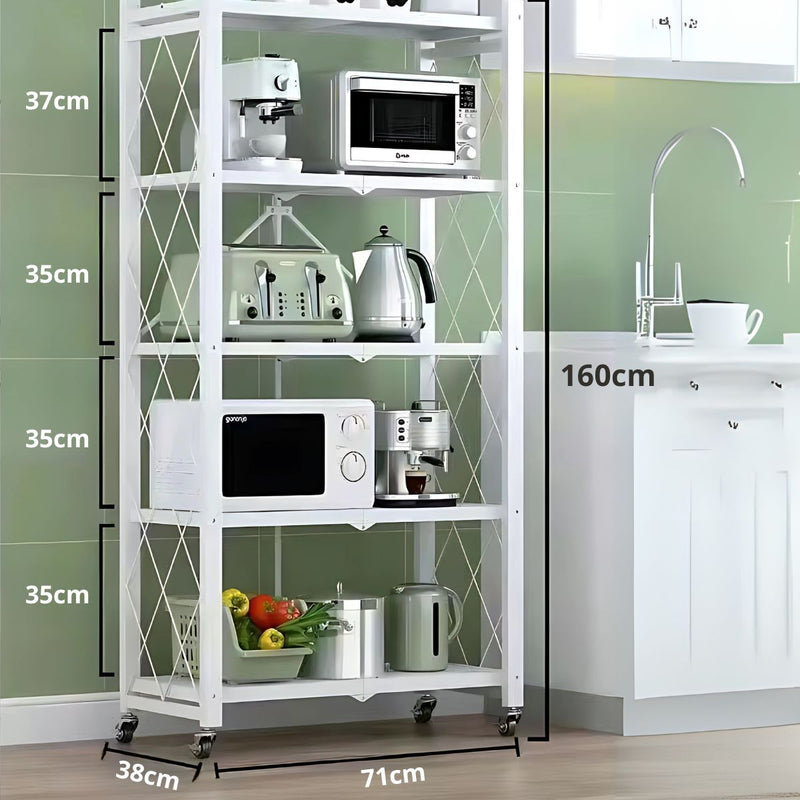 Estante Organizador con Ruedas (Color Blanco). Repisas para Almacenamiento Plegable con 5 Niveles. 160 x 71 x 38cm.