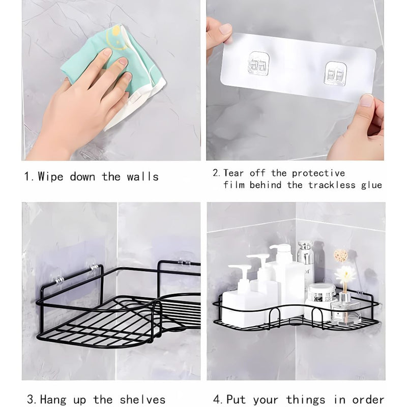 Repisas de baño pared de dos niveles. Estantes flotantes. Tablillas color negro. (Set de 2 piezas) Para baño. Esquinera de ducha.