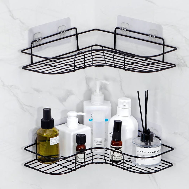 Repisas de baño pared de dos niveles. Estantes flotantes. Tablillas color negro. (Set de 2 piezas) Para baño. Esquinera de ducha.