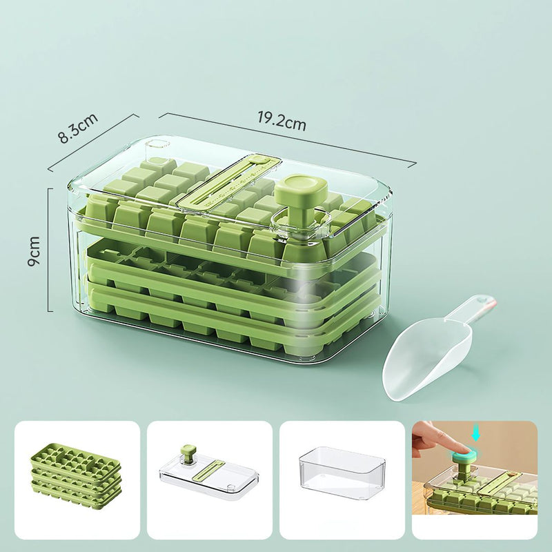 Bandeja para cubitos de hielo con tapa y contenedor. Moldes apilables para hielo. Color verde.