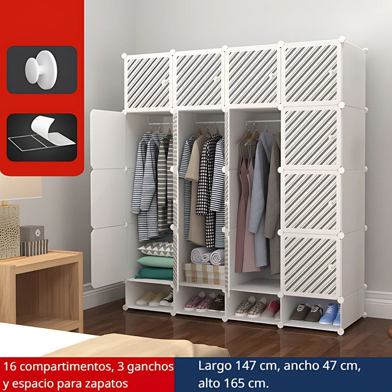 Armario de 16 puertas y 4 repisas inferiores. Con colgador de ropa. Estante de almacenamiento. Closet organizador. Estantería. 165x147x47cm Guardaropa