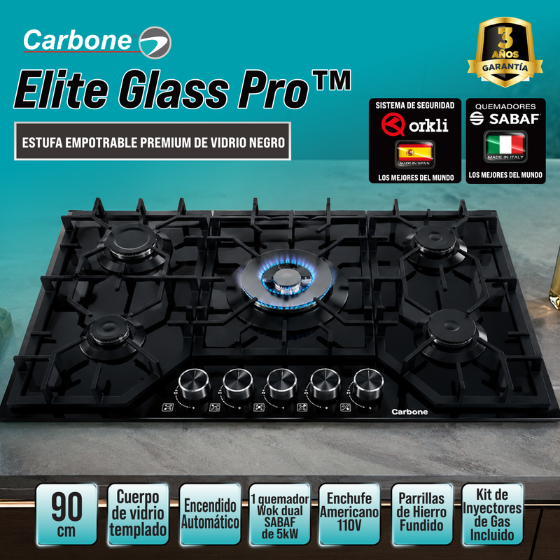 Estufa Empotrable  A Gas Elite Glass Pro De Vidrio Negro con  5 Quemadores SABAF y Sistema de Seguridad Orkli Integrado (90cm)
