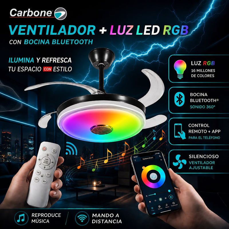Abanico de Techo 42" LED Retráctil RGB full color con Bocina Bluetooth y App. Ventiilador Color Negro