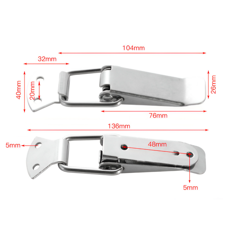 Cerradura de palanca con resorte. Largo 136mm, Ancho 40mm Acero Inox (1 Und).