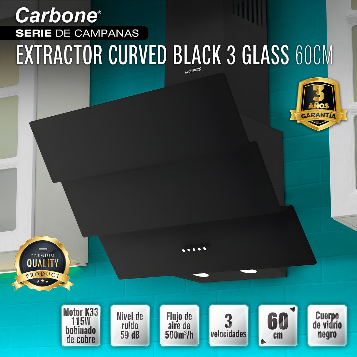 Campana Extractora 60 cm  Vidrio Negro Curvo 3 Paneles, Motor 500 m³/h, 110V