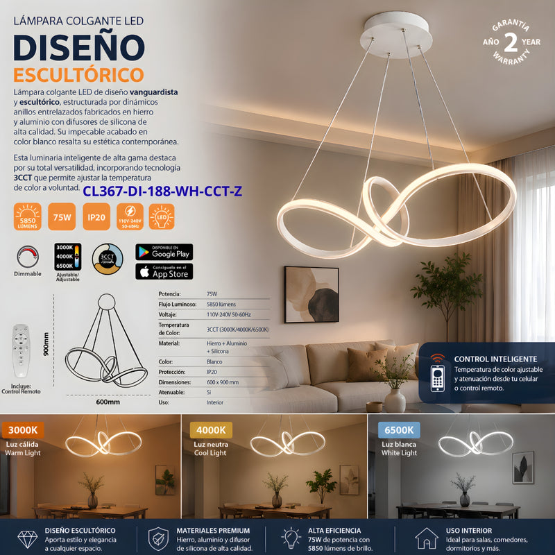 Lámpara Colgante LED Inteligente 75W 3CCT Regulable Blanca 5850LM Control Remoto App. Diseño Moderno