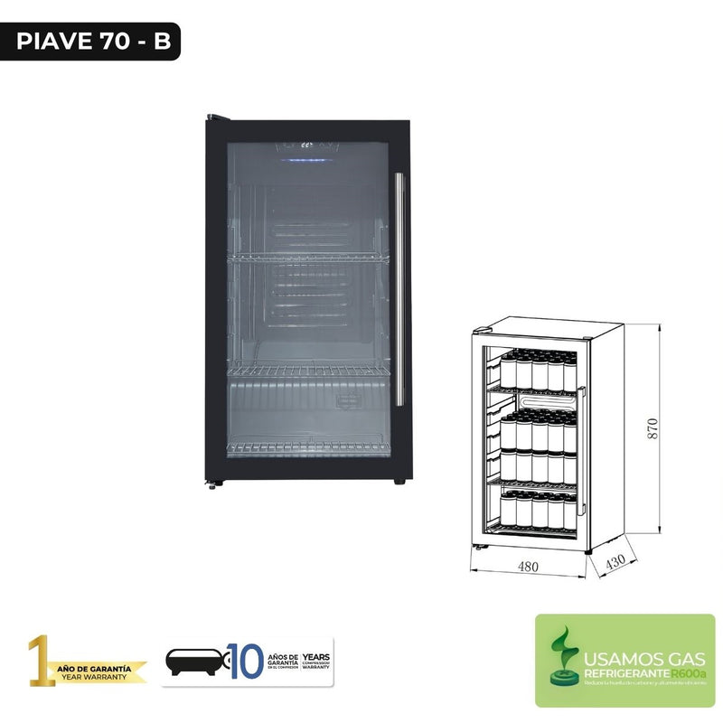 Refrigerador nevera mini de 85 litros con puerta de vidrio. Capacidad para 70 latas. Color Negro. Modelo Piave Drija